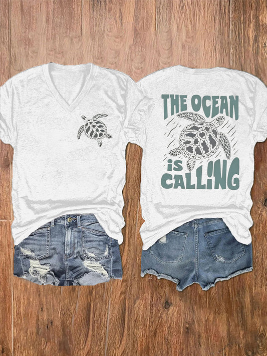 Women's The Ocean Is Calling Printed V-neck T-shirt