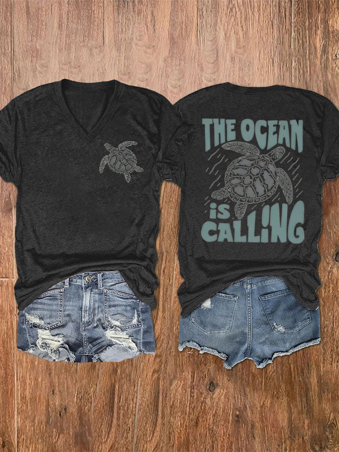 Women's The Ocean Is Calling Printed V-neck T-shirt