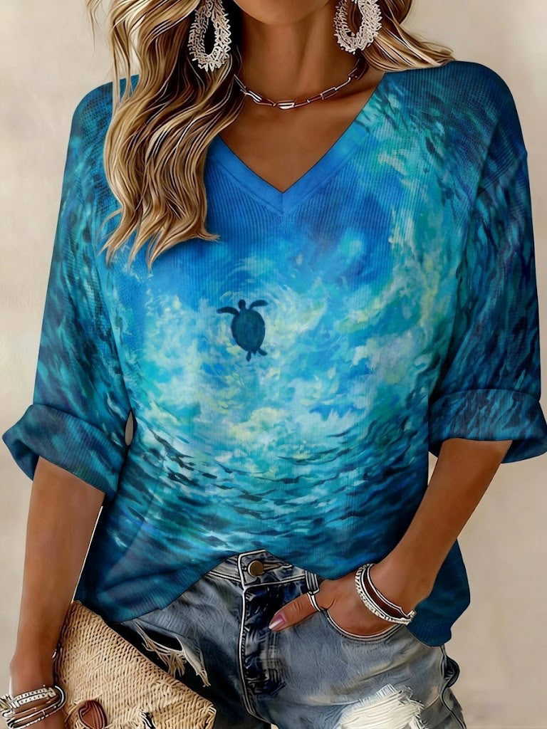 Women's Sea Turtle World Ocean Day Printed Waffle T-shirt