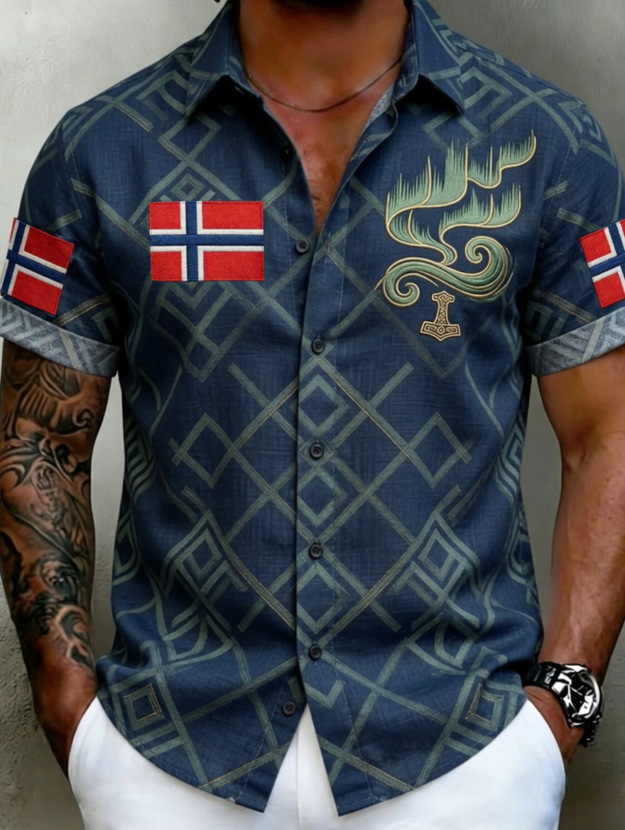 Men's Vintage Scandinavian-Style Cotton-Linen Shirt with Norwegian Art Print