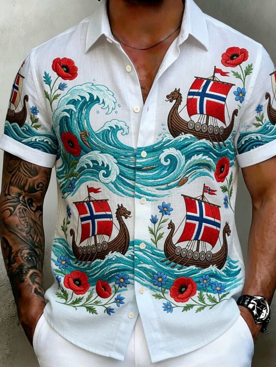 Men's Vintage Scandinavian-Style Cotton-Linen Shirt with Norwegian Art Print