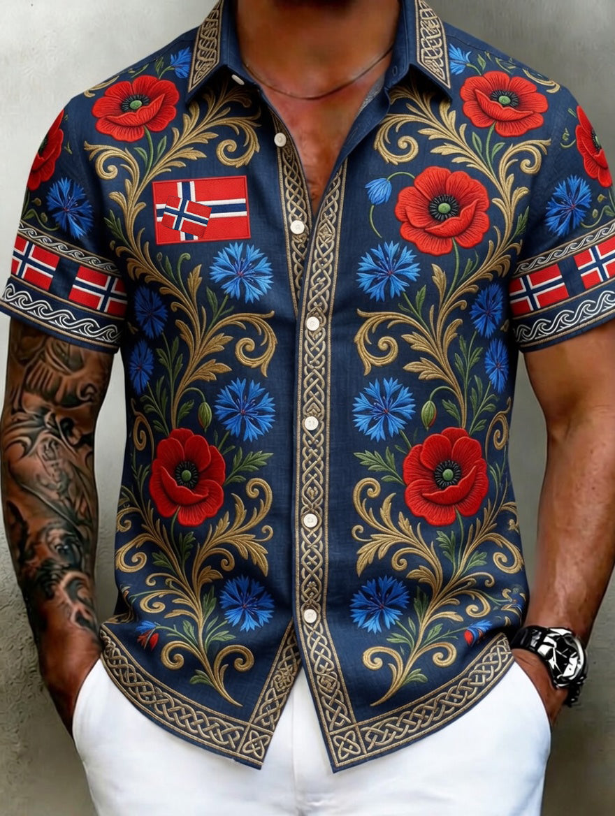Men's Vintage Scandinavian-Style Cotton-Linen Shirt with Norwegian Art Print