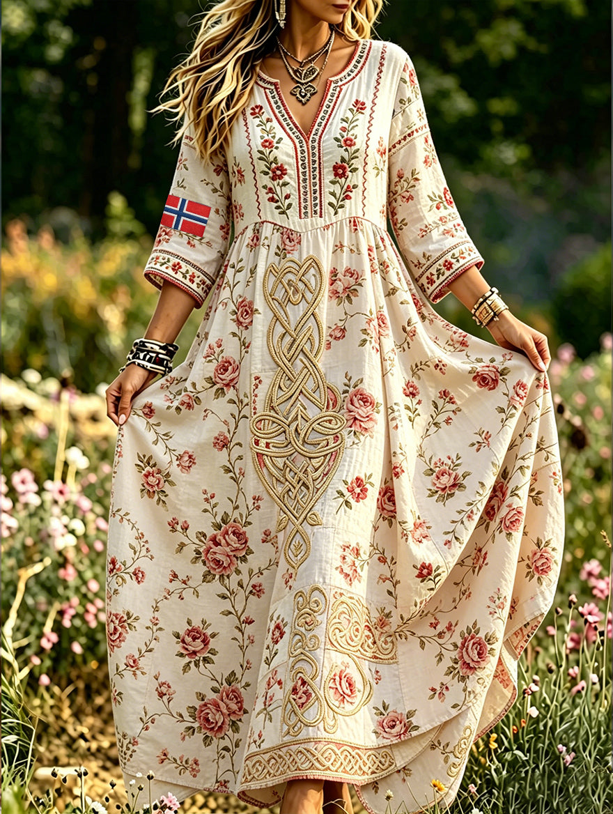 Women's Retro Scandinavian-Style Cotton-Linen Dress with Norwegian Art Print