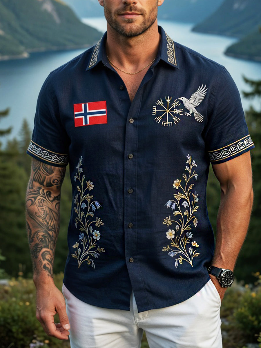 Men's Vintage Scandinavian-Style Cotton-Linen Shirt with Norwegian Art Print