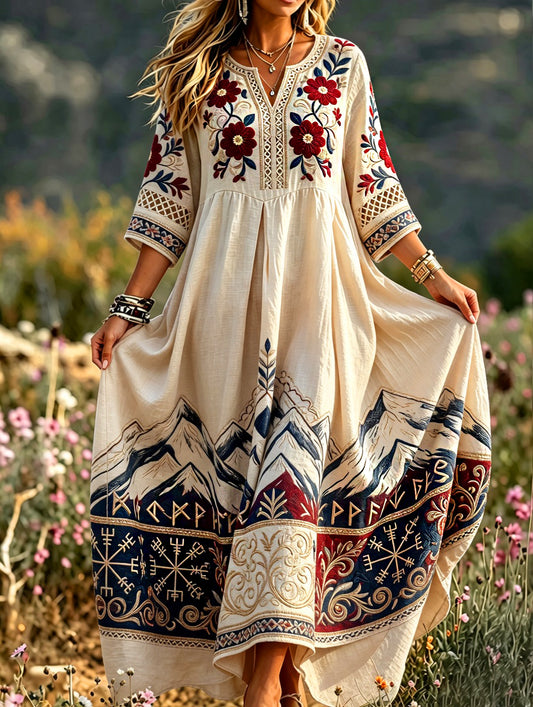 Women's Retro Scandinavian-Style Cotton-Linen Dress with Norwegian Art Print