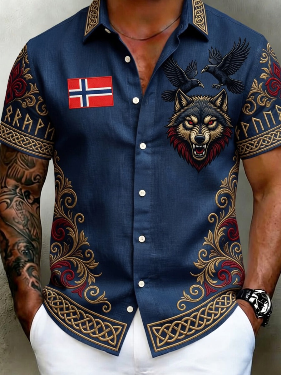 Men's Vintage Scandinavian-Style Cotton-Linen Shirt with Norwegian Art Print