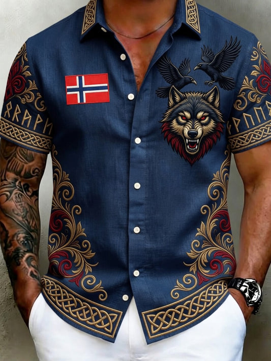 Men's Vintage Scandinavian-Style Cotton-Linen Shirt with Norwegian Art Print