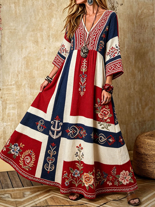 Women's Scandinavia Style Nordic Floral Viking Art Printed Linen Dress