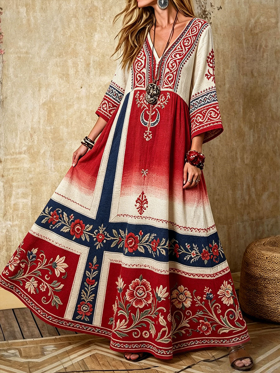 Women's Scandinavia Style Nordic Floral Viking Art Printed Linen Dress