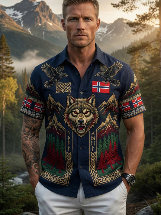 Men's Vintage Scandinavian-Style Cotton-Linen Shirt with Norwegian Art Print