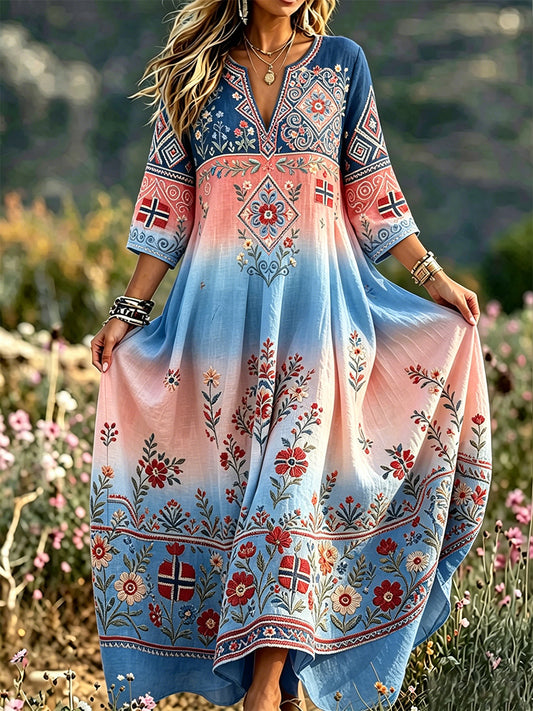 Women's Retro Scandinavian-Style Cotton-Linen Dress with Norwegian Art Print
