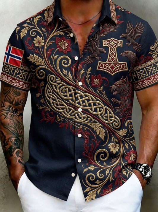 Men's Vintage Scandinavian-Style Cotton-Linen Shirt with Norwegian Art Print