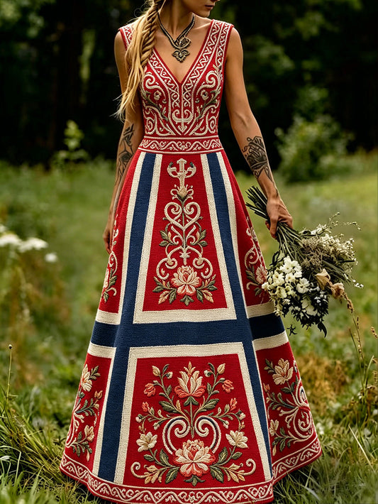 Women's Scandinavia Style Nordic Floral Viking Art Printed Dress