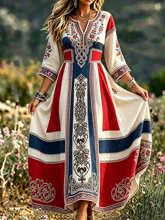 Women's Retro Scandinavian-Style Cotton-Linen Dress with Norwegian Art Print