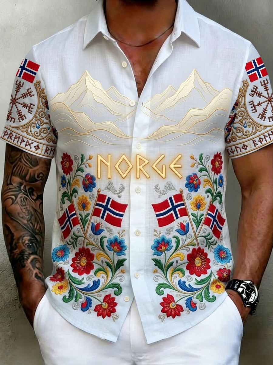 Men's Vintage Scandinavian-Style Cotton-Linen Shirt with Norwegian Art Print