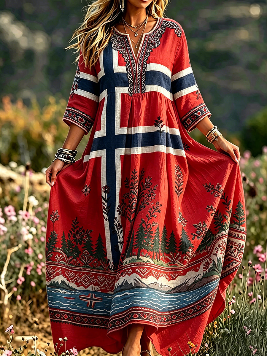 Women's Retro Scandinavian-Style Cotton-Linen Dress with Norwegian Art Print