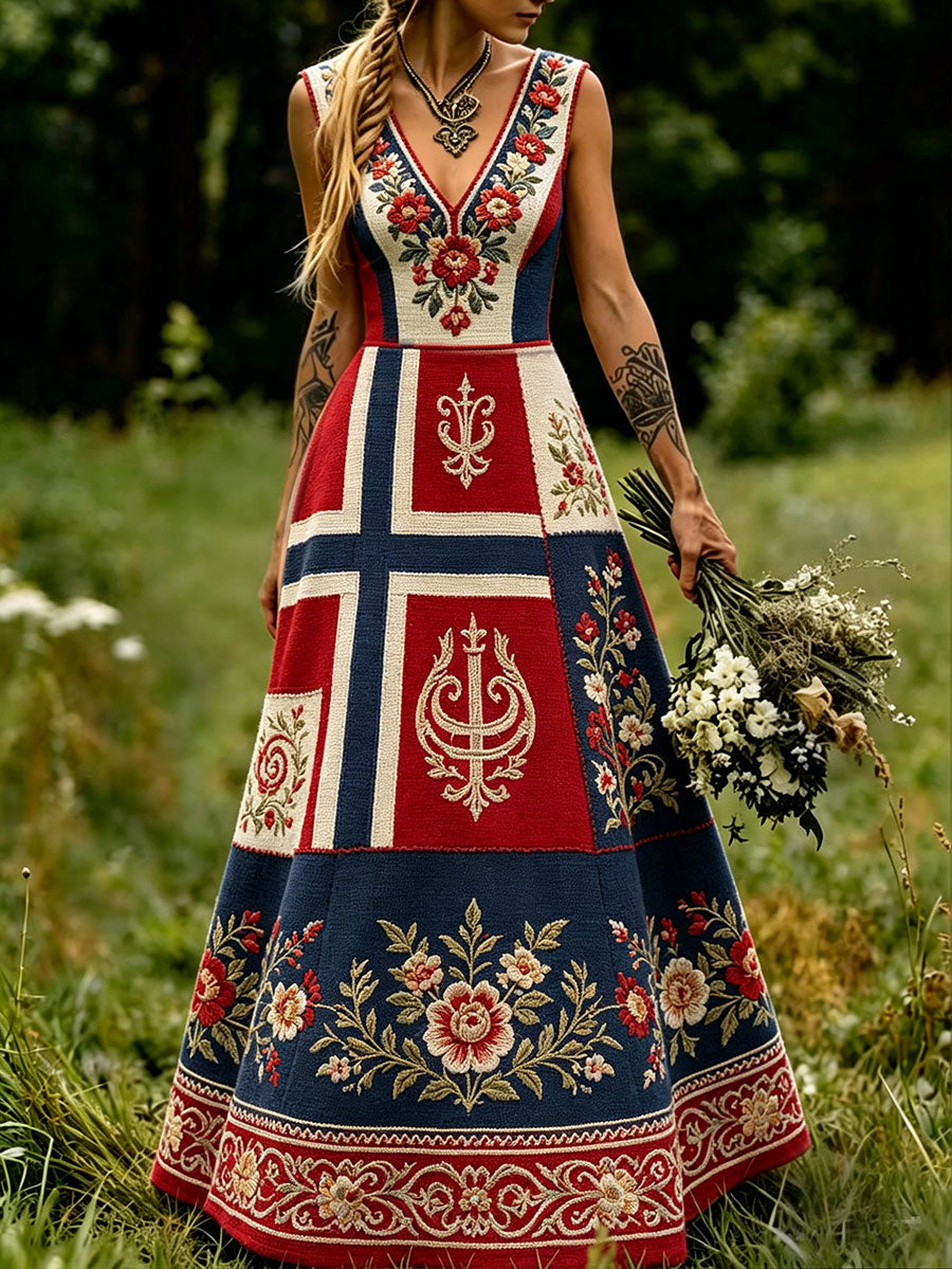 Women's Scandinavia Style Nordic Floral Viking Art Printed Dress