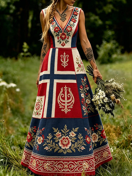 Women's Scandinavia Style Nordic Floral Viking Art Printed Dress