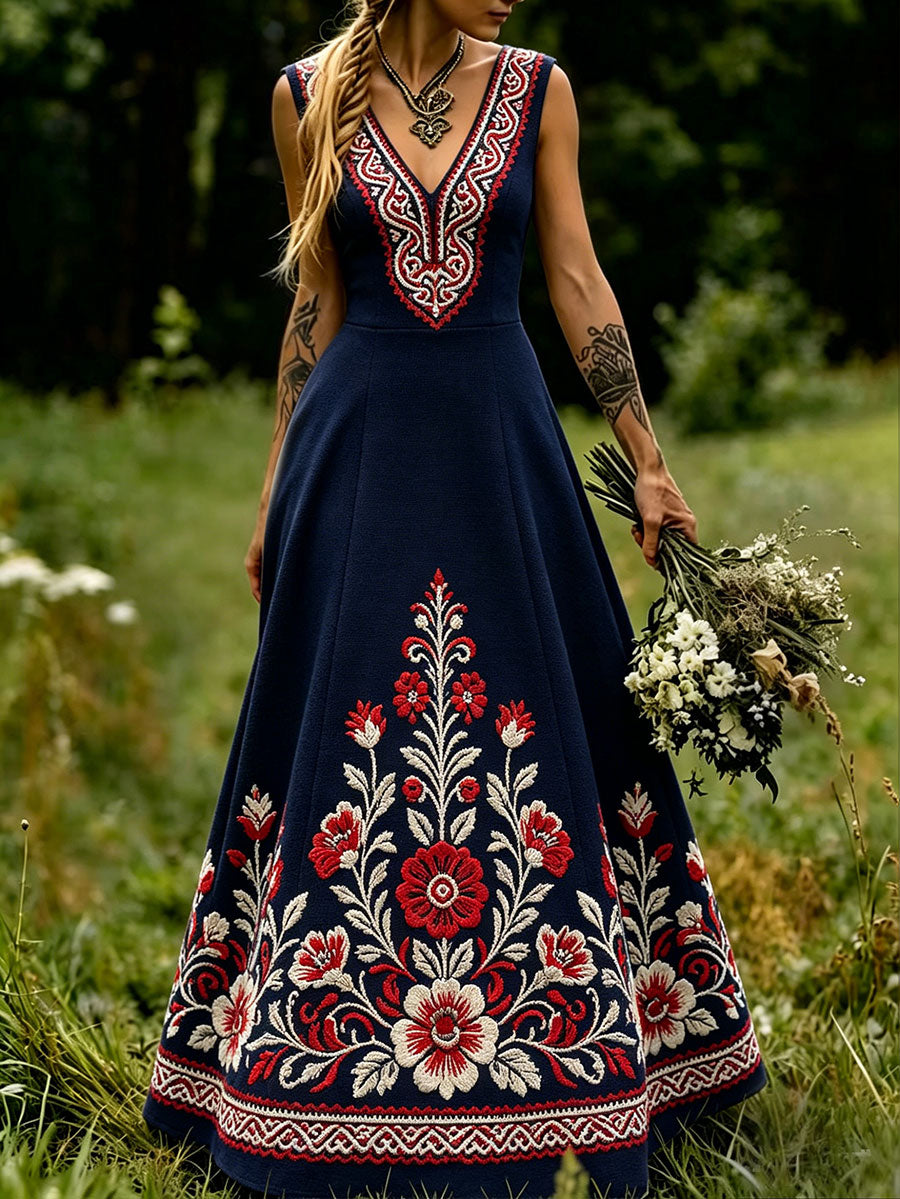 Women's Scandinavia Style Nordic Floral Viking Art Printed Dress