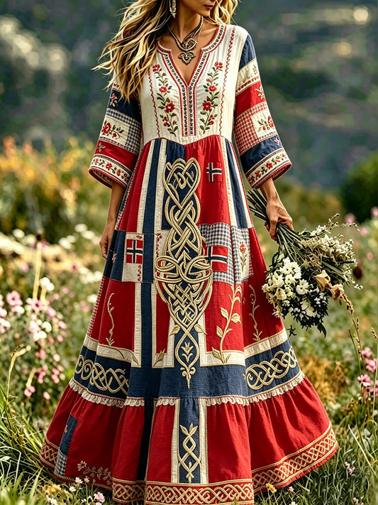 Women's Retro Scandinavian-Style Cotton-Linen Dress with Norwegian Art Print