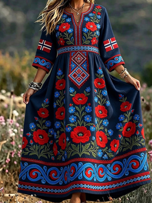Women's Retro Scandinavian-Style Cotton-Linen Dress with Norwegian Art Print
