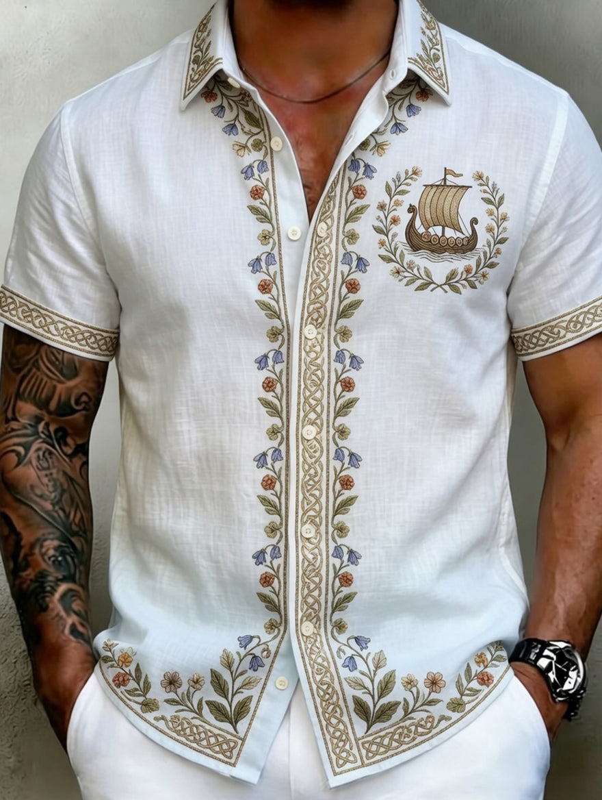 Men's Vintage Scandinavian-Style Cotton-Linen Shirt with Norwegian Art Print