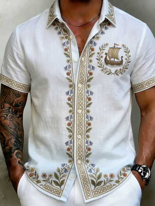 Men's Vintage Scandinavian-Style Cotton-Linen Shirt with Norwegian Art Print