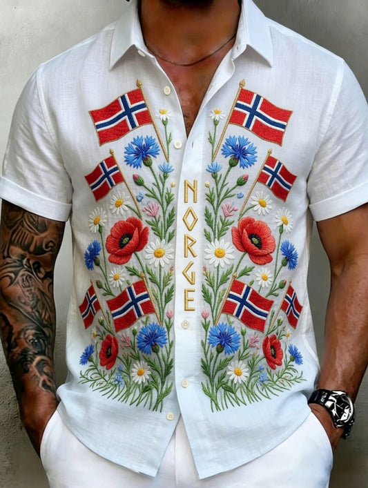 Men's Vintage Scandinavian-Style Cotton-Linen Shirt with Norwegian Art Print