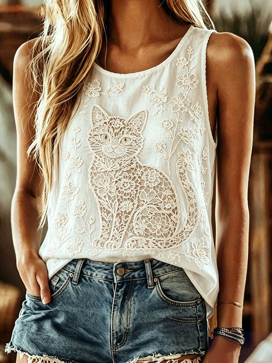 Women's Lace Cat Print Casual Vest