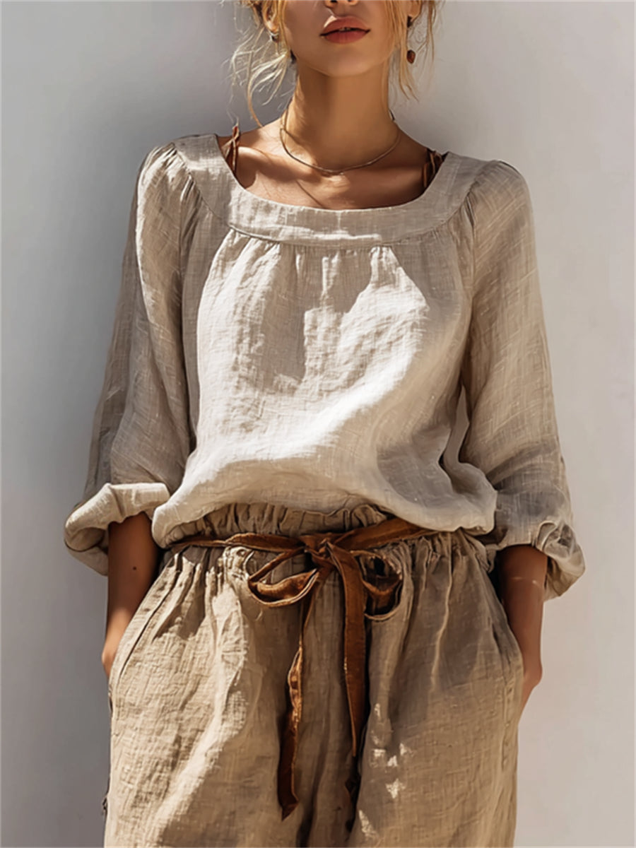 Women's Vintage Puff Sleeve Pleated Details Linen Shirt