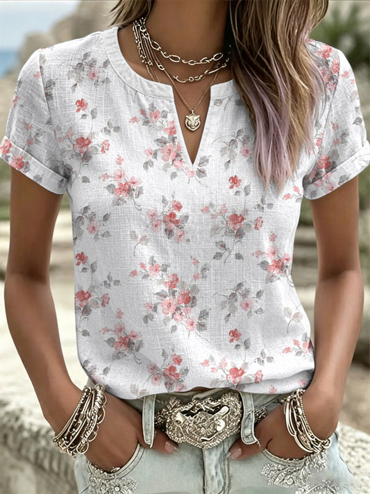 Women's Breast Cancer Pink Flowers Print V-Neck Casual T-Shirt