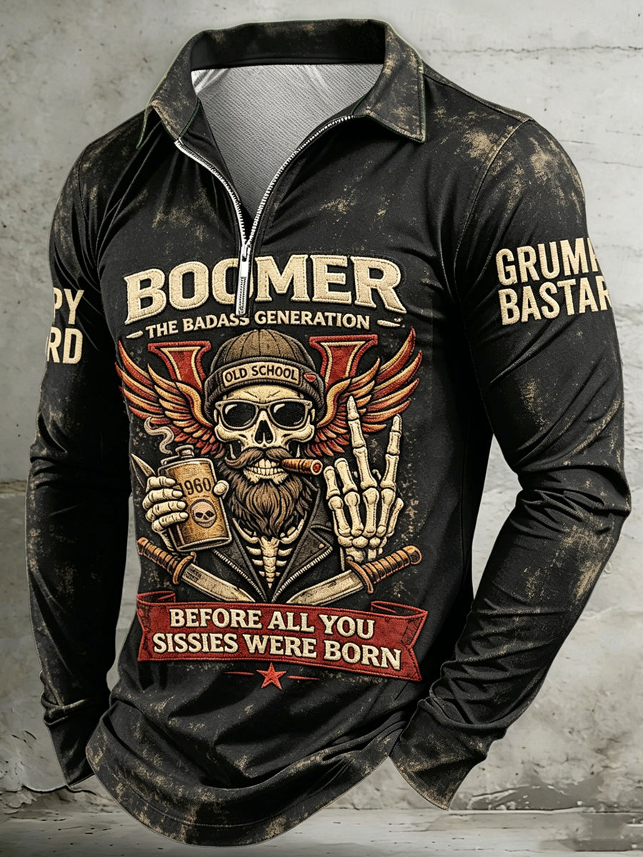 Men's Old Fuckers Club Printed Half Zipper Lapel Long Sleeved Polo