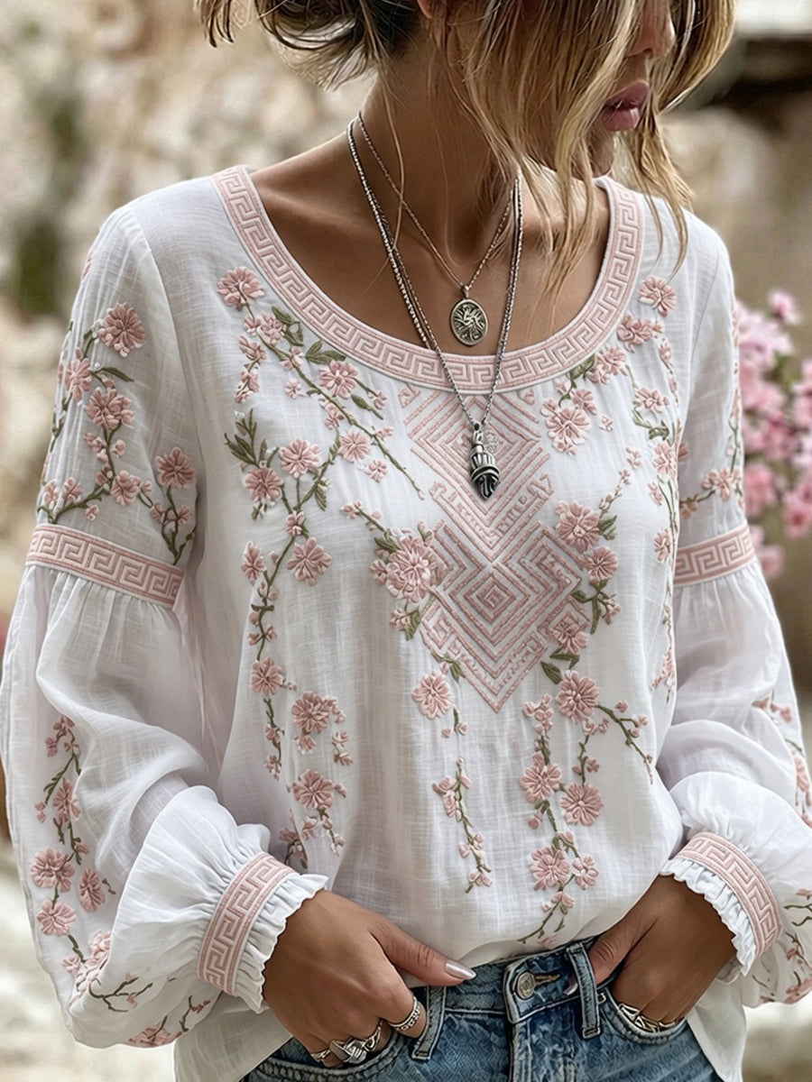 Women's Vintage Floral Art Print Casual Cotton-Linen Top
