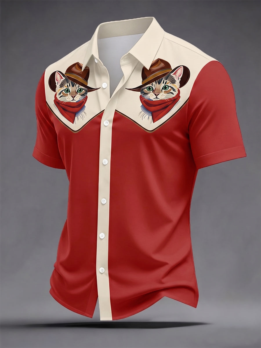 Men's Retro Cowcat Print Casual Short Sleeve Shirt