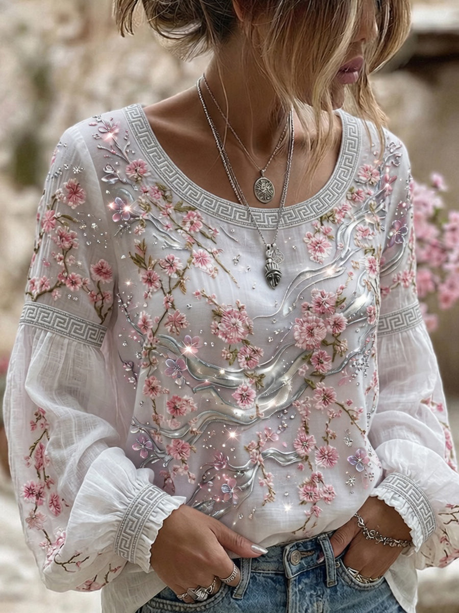 Women's Vintage Floral Art Print Casual Cotton-Linen Top