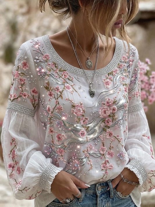 Women's Vintage Floral Art Print Casual Cotton-Linen Top