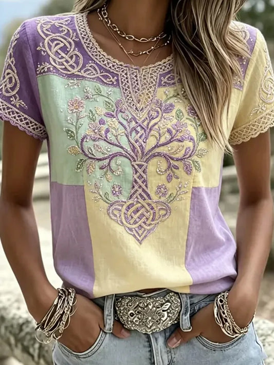 Women's Retro Embroidered Floral Art Print Casual Comfort T-shirt