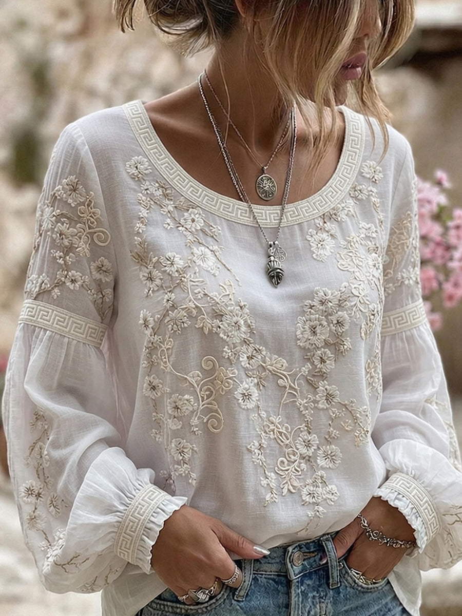 Women's Vintage Floral Art Print Casual Cotton-Linen Top