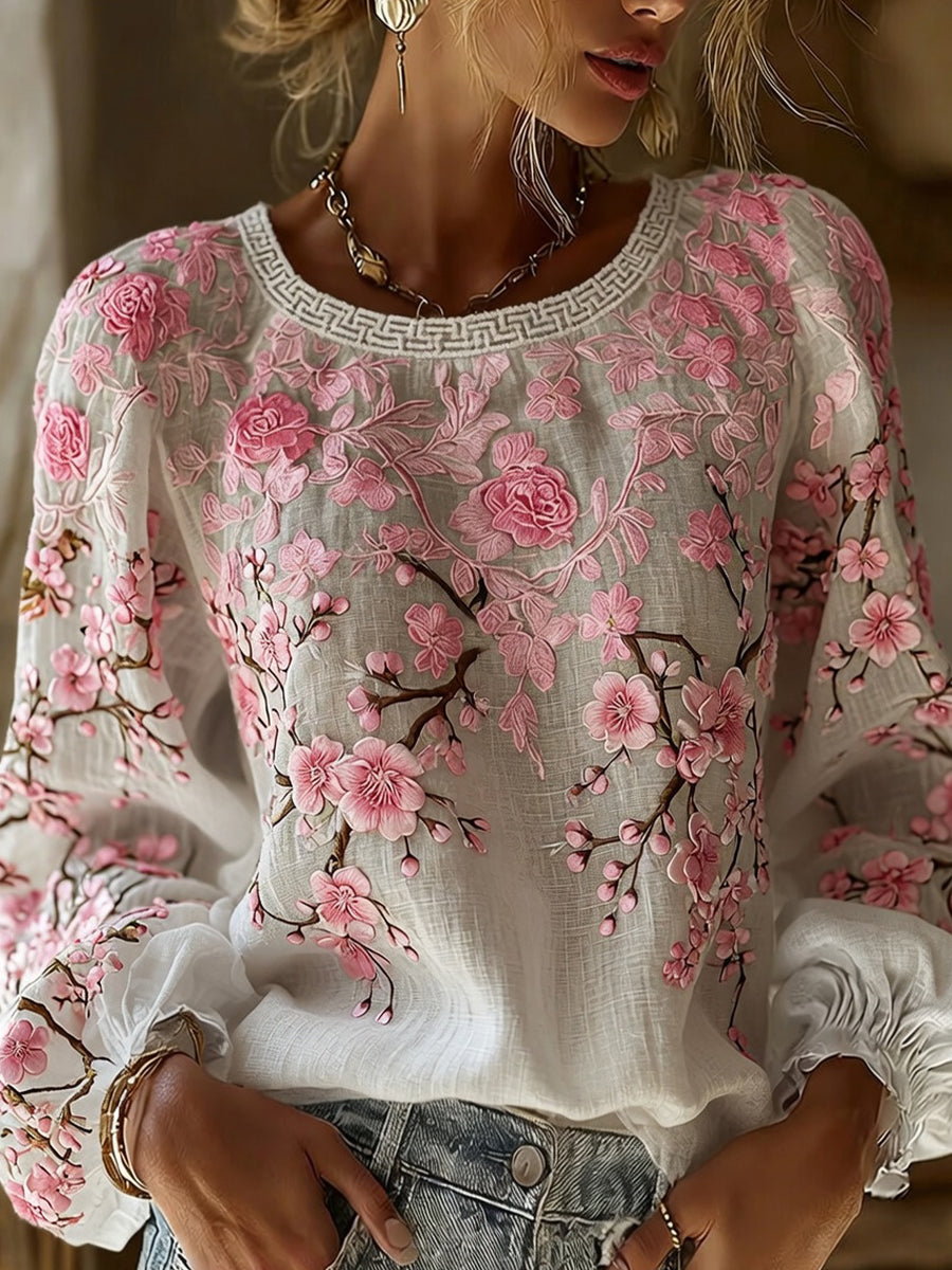 Women's Vintage Floral Art Print Casual Cotton-Linen Top