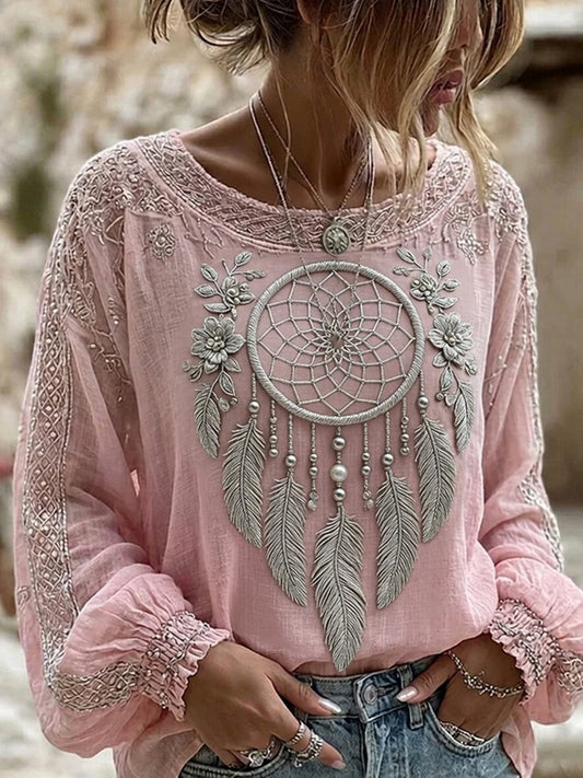 Women's Vintage Floral Art Print Casual Cotton-Linen Top