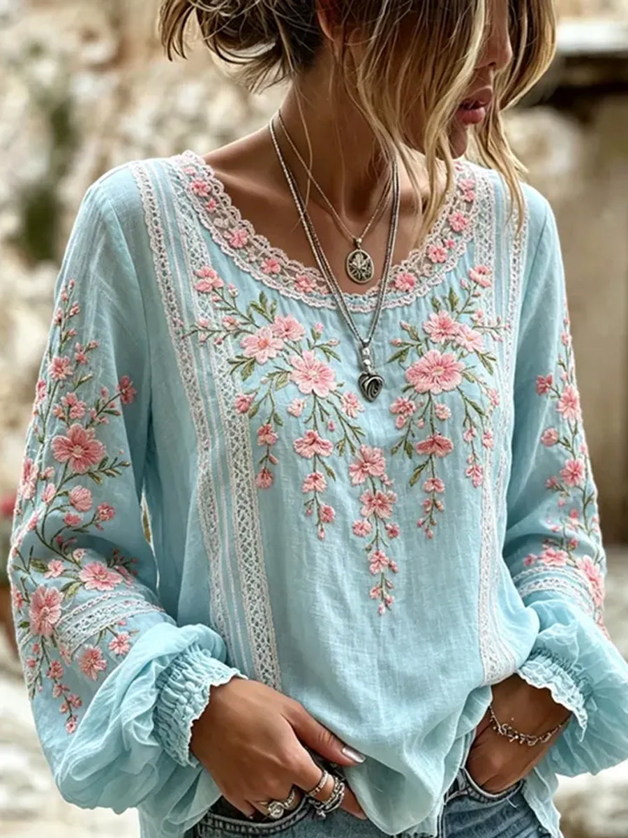 Women's Vintage Floral Art Print Casual Cotton-Linen Top