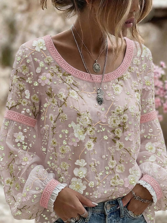 Women's Vintage Floral Art Print Casual Cotton-Linen Top