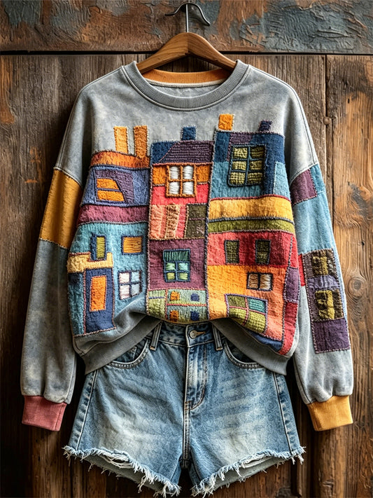 Women's Boho Colorful Houses Buildings Colorblock Art Print Sweatshirt