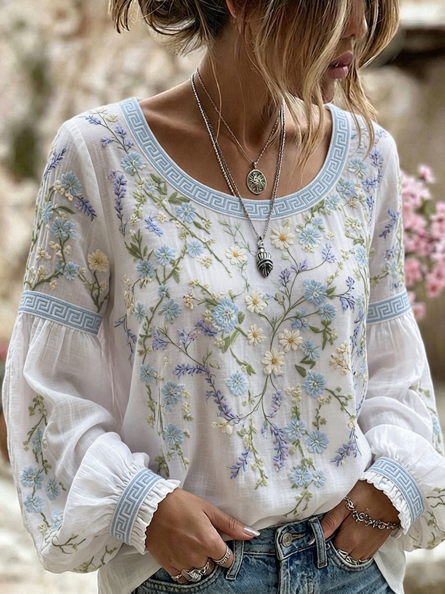 Women's Vintage Floral Art Print Casual Cotton-Linen Top