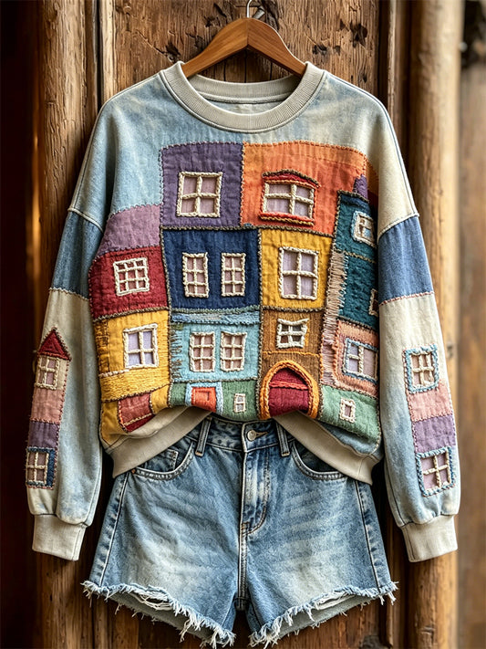 Women's Colorful Houses Windows Colorblock Art Print Sweatshirt