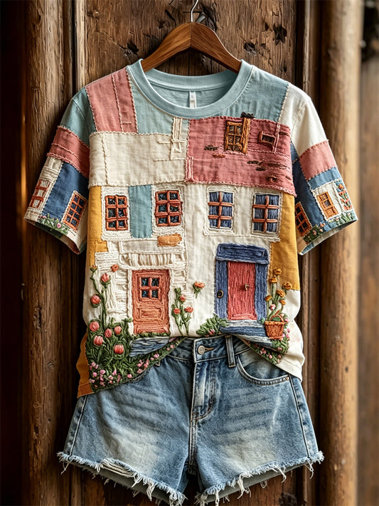 Women's Cottagecore Floral House Colorblock Print short-sleeved T-shirt