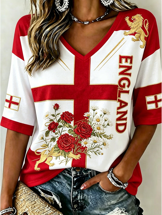 Women's England Football Embroidery Pattern Linen V-Neck Shirt