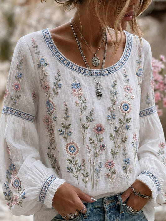 Women's Vintage Floral Art Print Casual Cotton-Linen Top