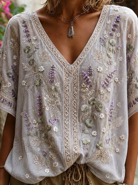 Women's Vintage Floral Art Print Casual Cotton-Linen Top