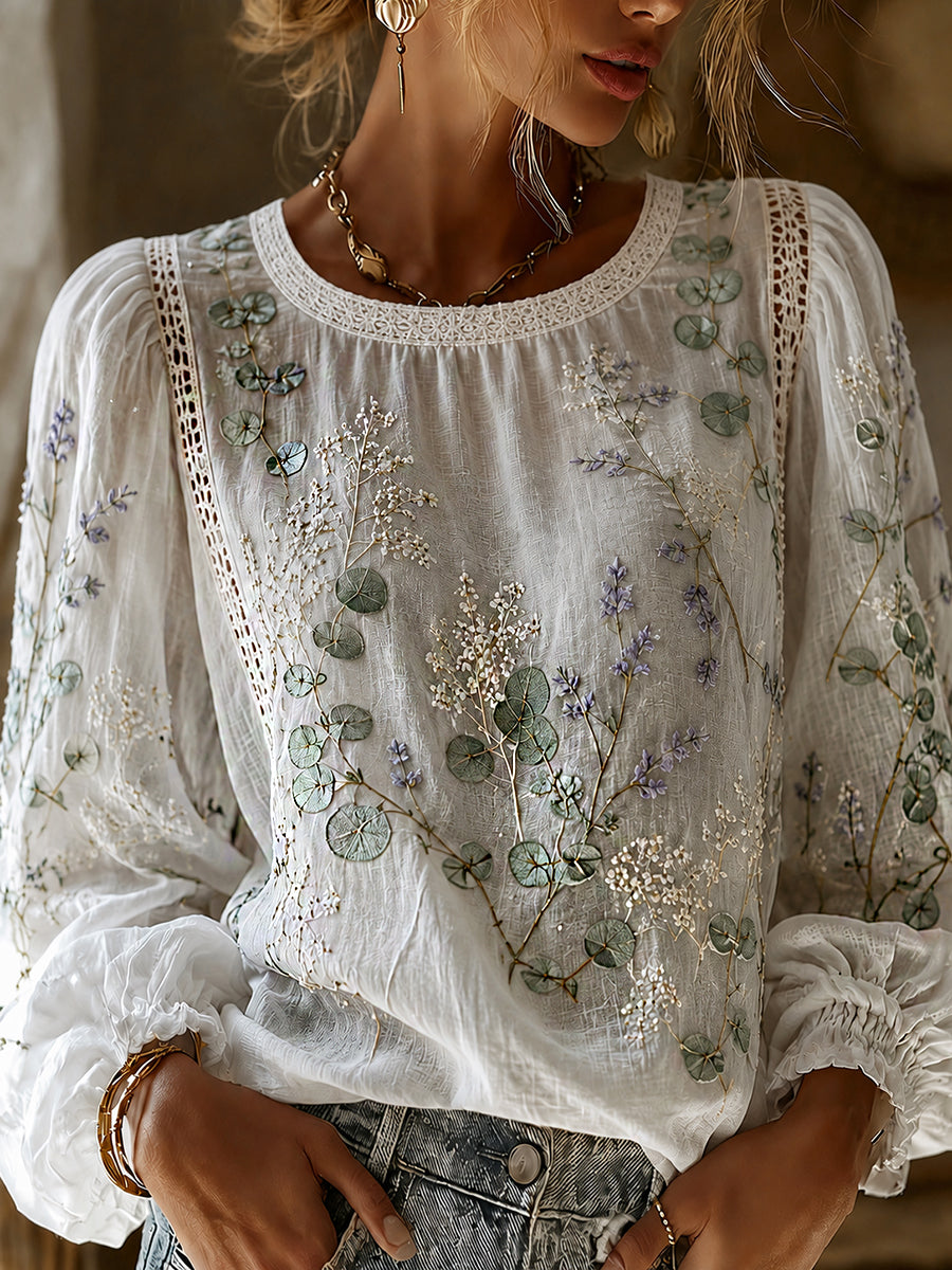 Women's Vintage Floral Art Print Casual Cotton-Linen Top